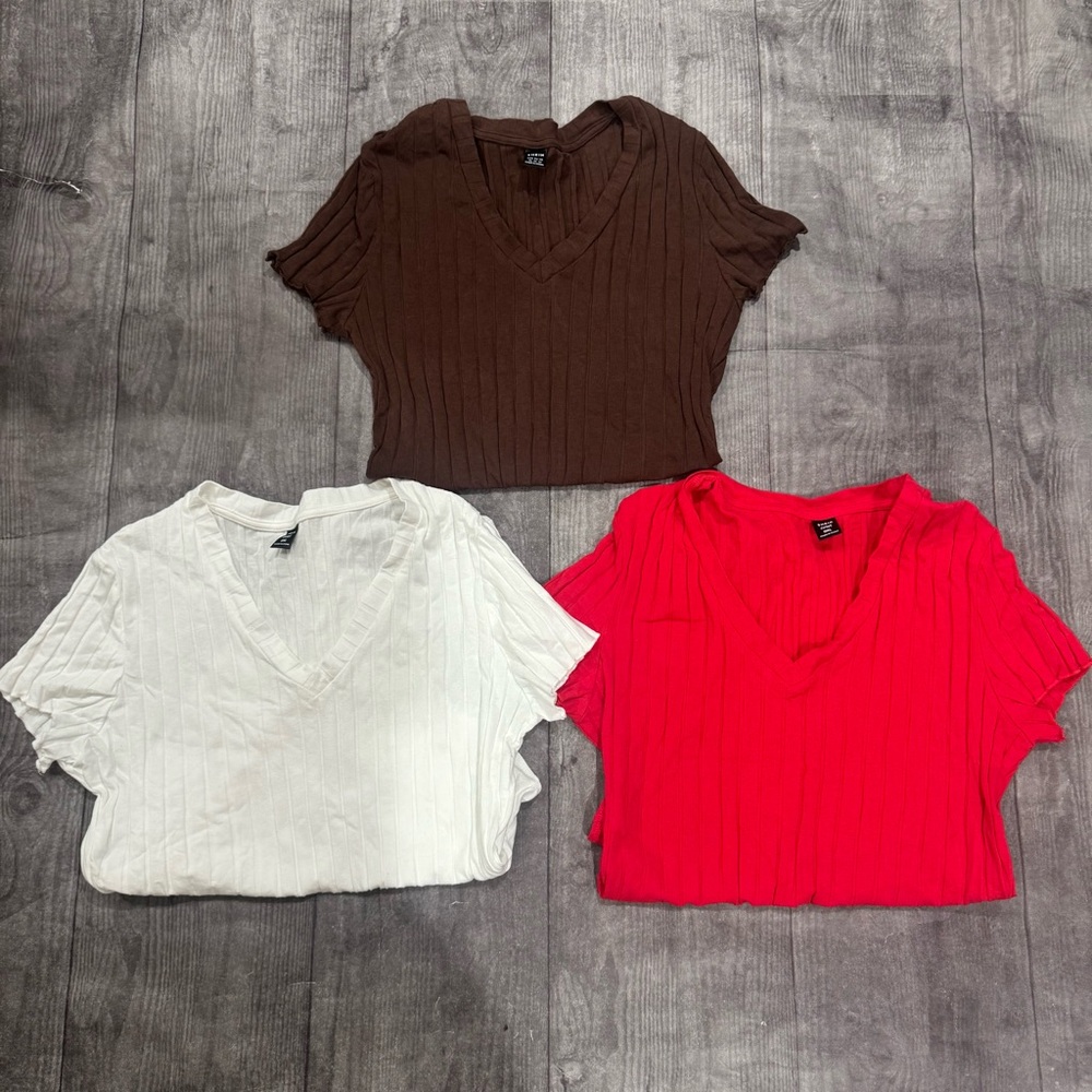 SHEIN 3 pack Women's V-Neck Ribbed Knit Lettuce Trim Bodysuits
